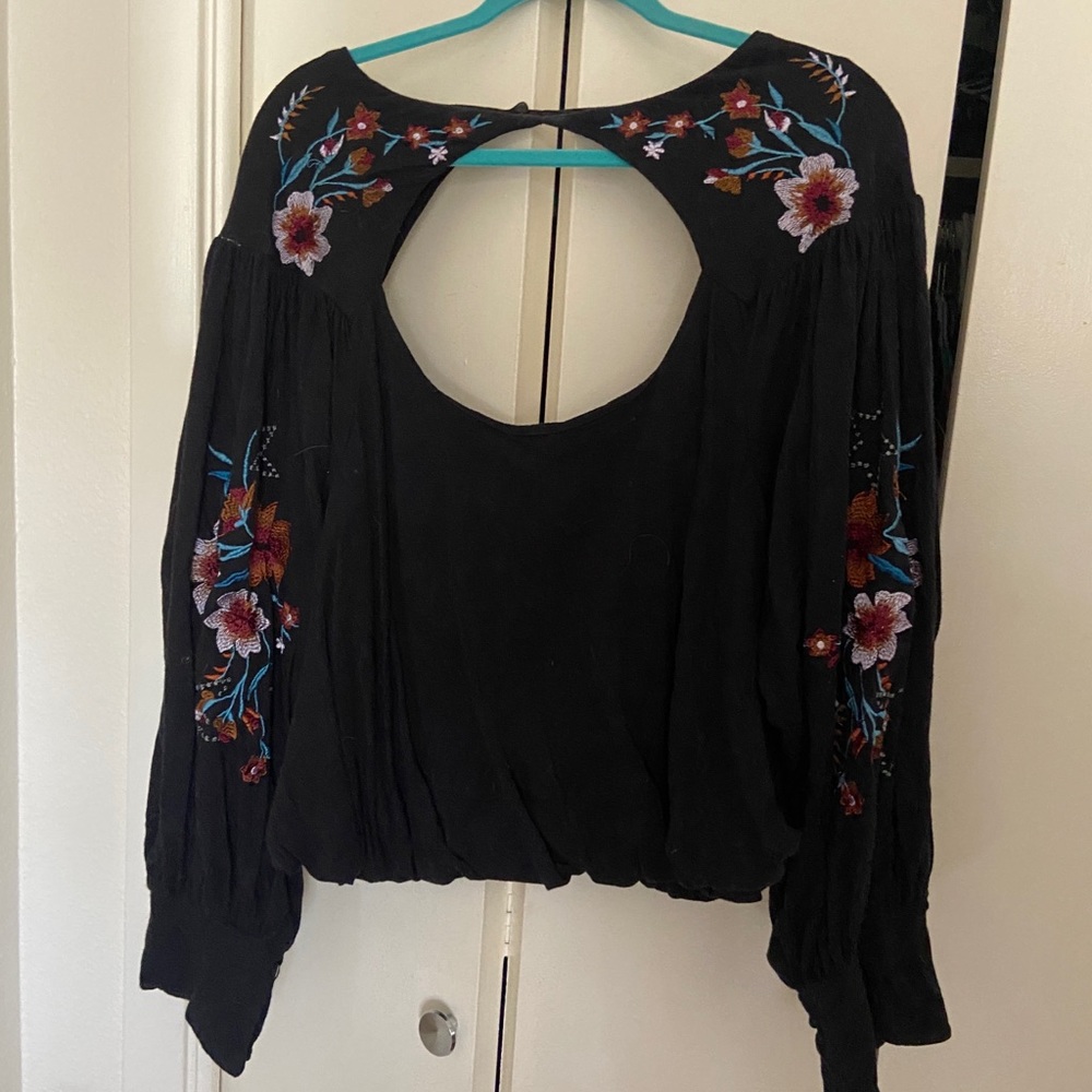 Free People Black Lita Embroidered Top